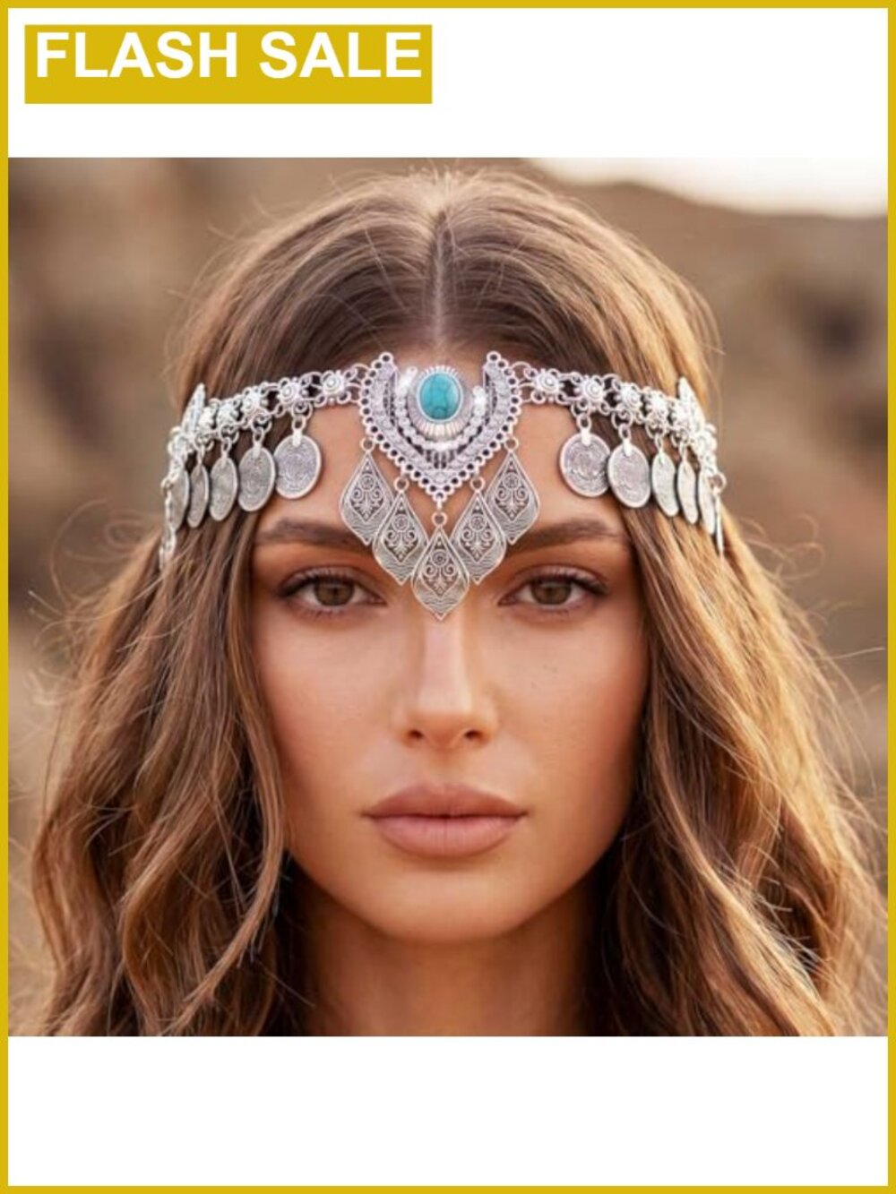 Silver Coin Head Chain Turquoise Forehead Headband Women Halloween Costume